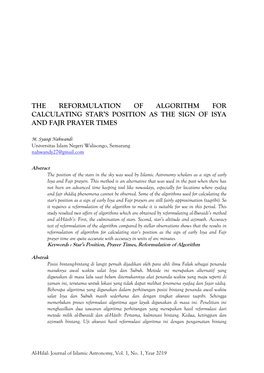 The Reformulation of Algorithm for Calculating Star’S Position As the Sign of Isya and Fajr Prayer Times