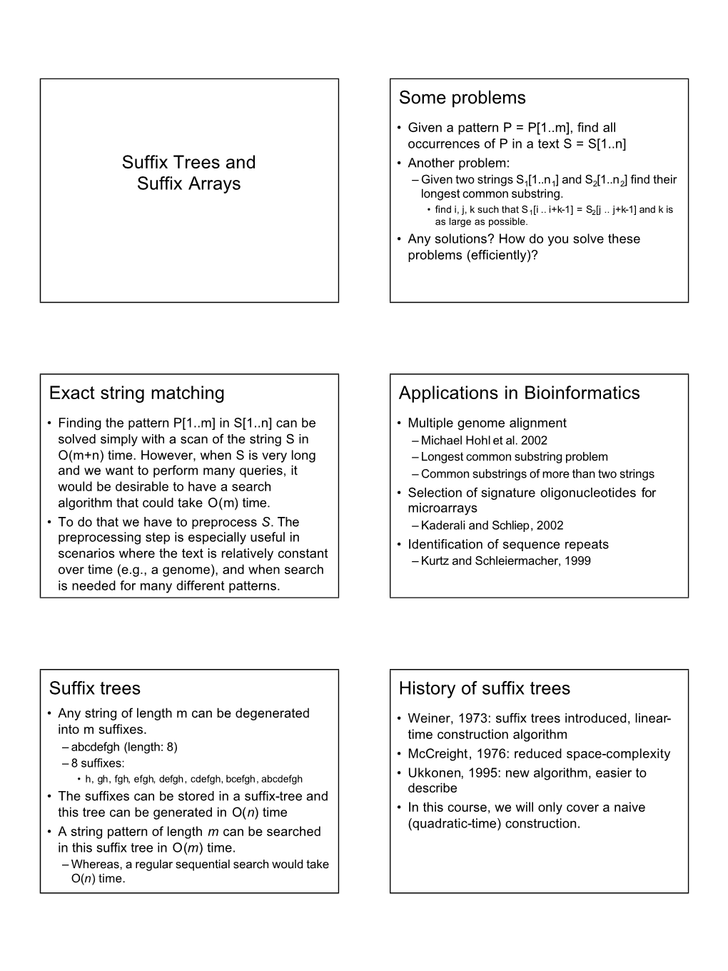 Suffix Trees and Suffix Arrays Some Problems Exact String Matching Applications in Bioinformatics Suffix Trees History of Suffix