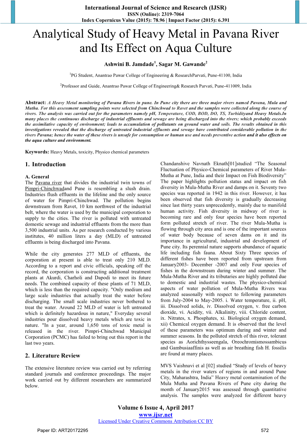 Analytical Study of Heavy Metal in Pavana River and Its Effect on Aqua Culture