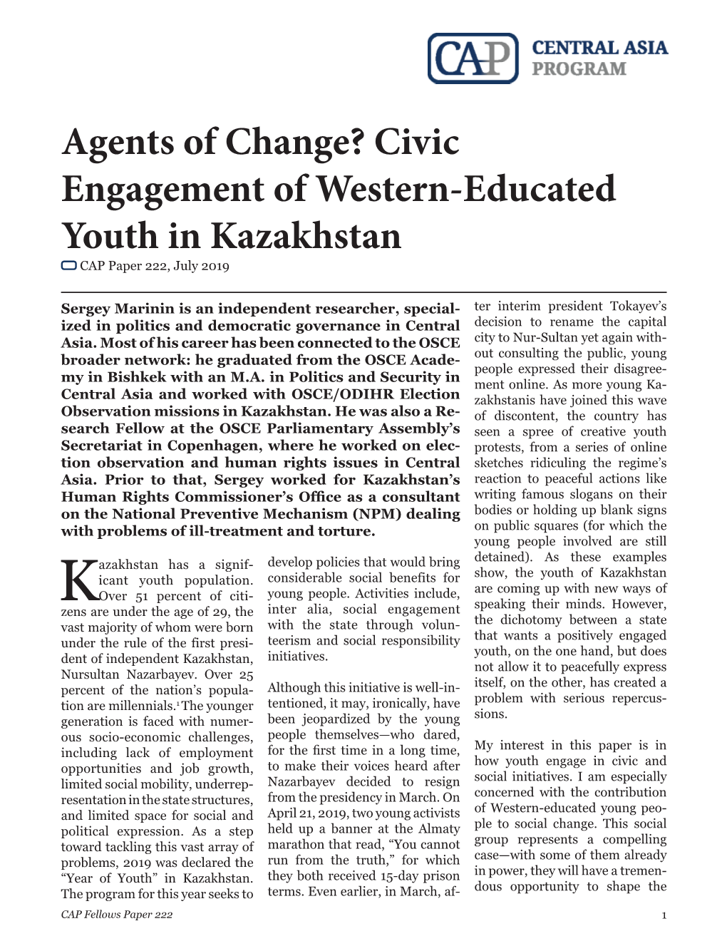 Agents of Change? Civic Engagement of Western-Educated Youth in Kazakhstan CAP Paper 222, July 2019