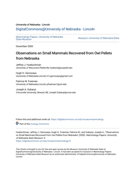 Observations on Small Mammals Recovered from Owl Pellets from Nebraska