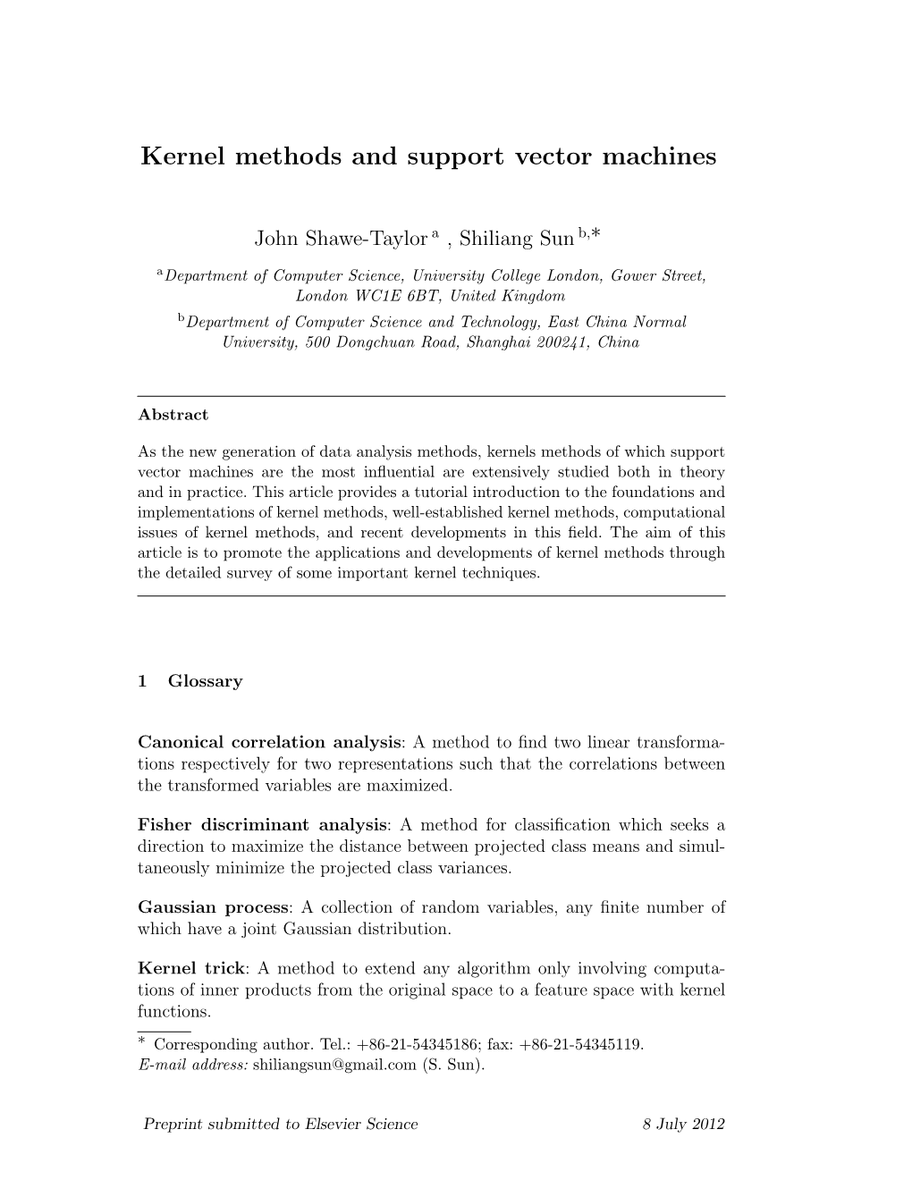 Kernel Methods and Support Vector Machines