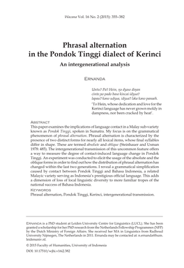 Phrasal Alternation in the Pondok Tinggi Dialect of Kerinci an Intergenerational Analysis