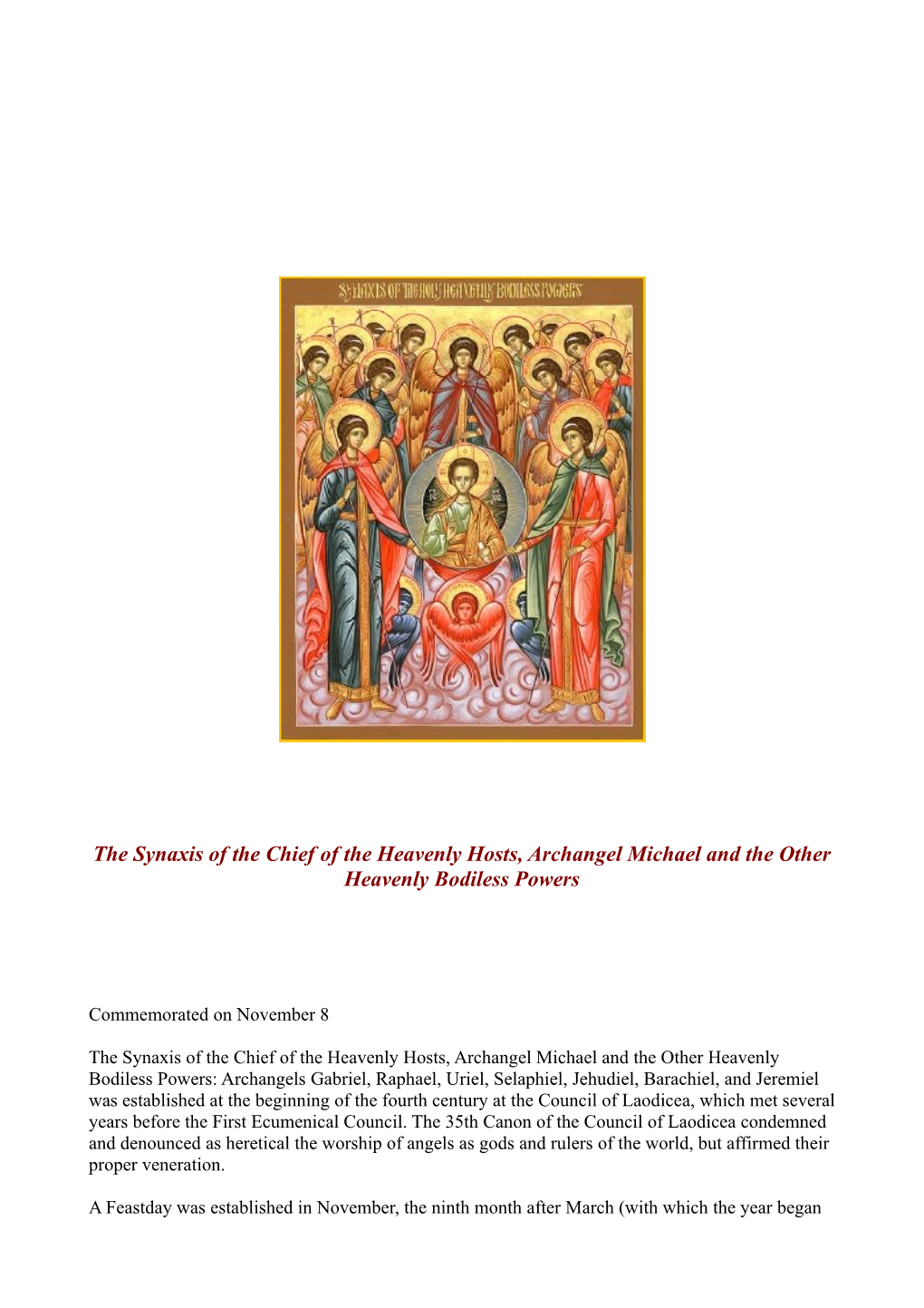 The Synaxis of the Chief of the Heavenly Hosts, Archangel Michael and the Other Heavenly Bodiless Powers