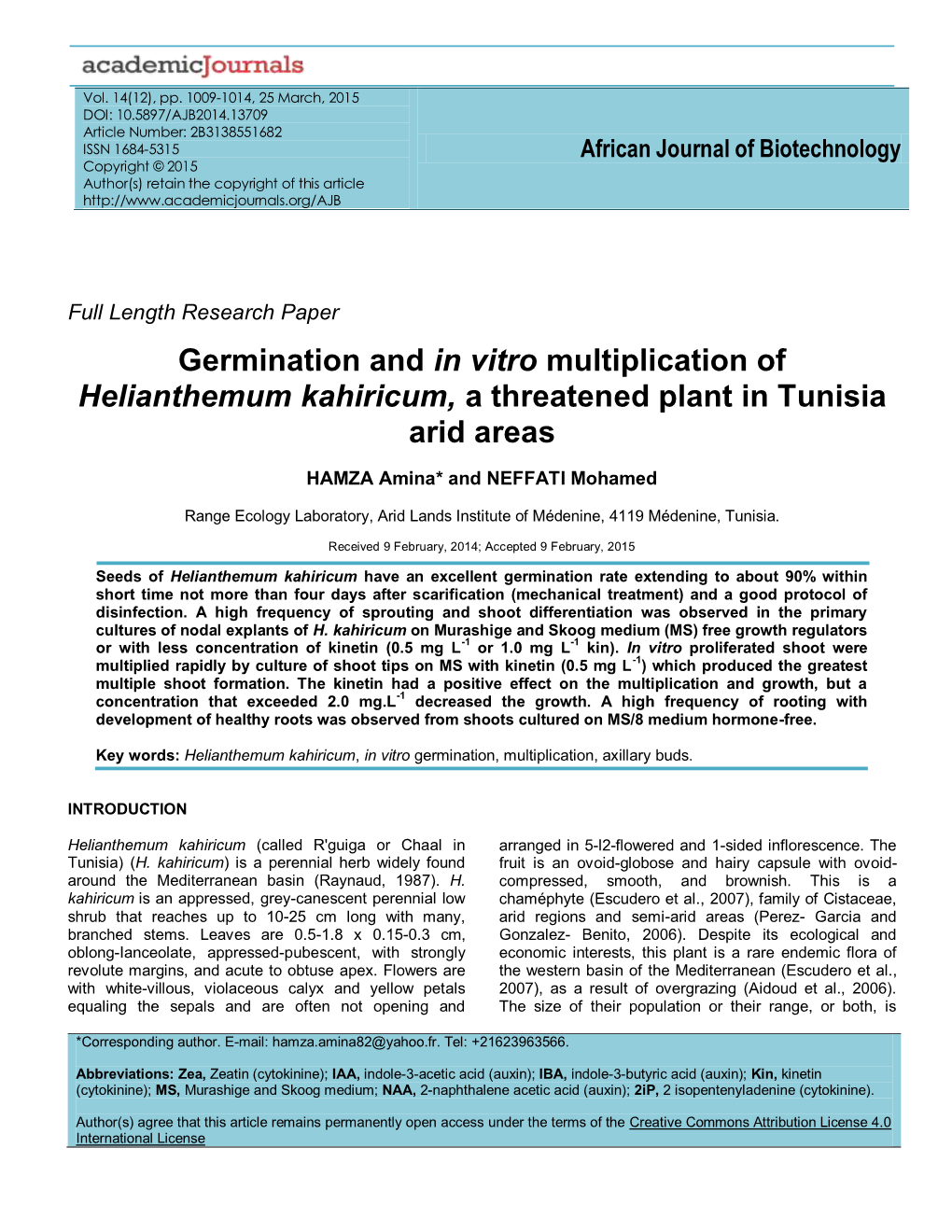 Germination and in Vitro Multiplication of Helianthemum Kahiricum, a Threatened Plant in Tunisia Arid Areas