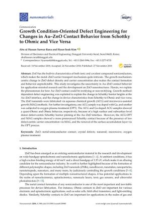 Growth Condition-Oriented Defect Engineering for Changes in Au–Zno Contact Behavior from Schottky to Ohmic and Vice Versa
