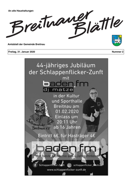 An Alle Haushaltungen Amtsblatt Der Gemeinde Breitnau Freitag, 31. Januar 2020 Nummer 2
