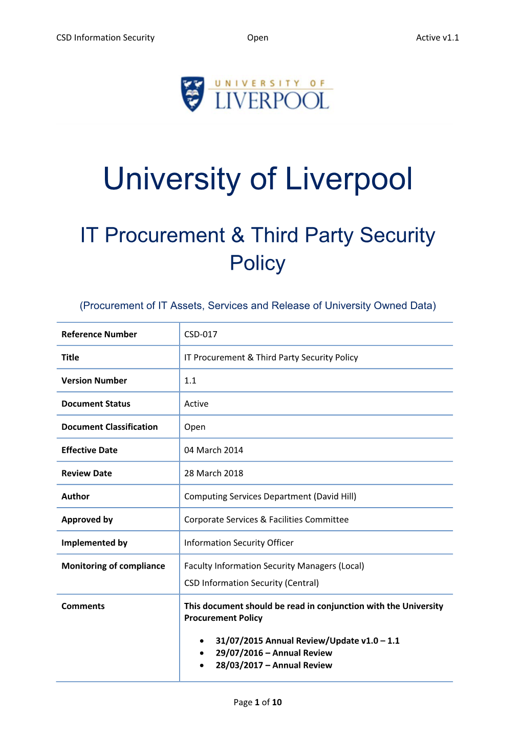 IT Procurement and Third Party Security Policy