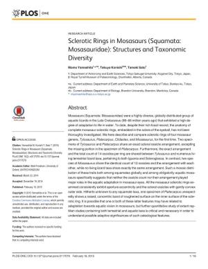 Sclerotic Rings in Mosasaurs (Squamata: Mosasauridae): Structures and Taxonomic Diversity