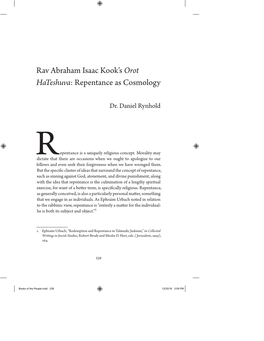 Rav Abraham Isaac Kook's Orot Hateshuva: Repentance As Cosmology