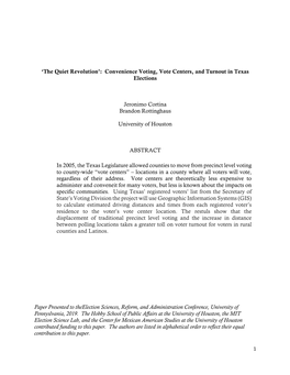 'The Quiet Revolution': Convenience Voting, Vote Centers, and Turnout in Texas Elections Jeronimo Cortina Brandon Rottingh