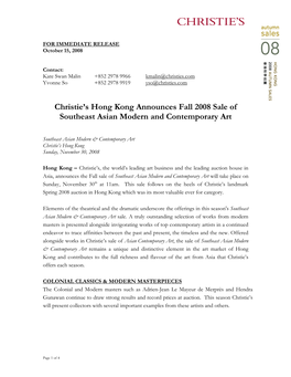 Christie's Hong Kong Announces Fall 2008 Sale of Southeast Asian