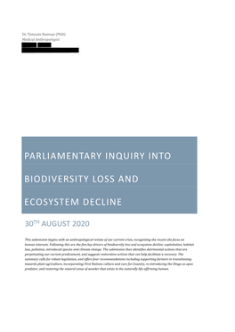 Parliamentary Inquiry Into Biodiversity Loss And