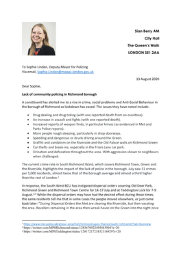 Letter from Sian Berry to Deputy Mayor for Policing