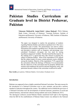 Pakistan Studies Curriculum at Graduate Level in District Peshawar, Pakistan