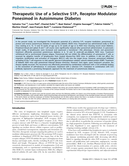 Therapeutic Use of a Selective S1P1 Receptor Modulator Ponesimod in Autoimmune Diabetes