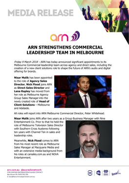 Arn Strengthens Commercial Leadership Team in Melbourne