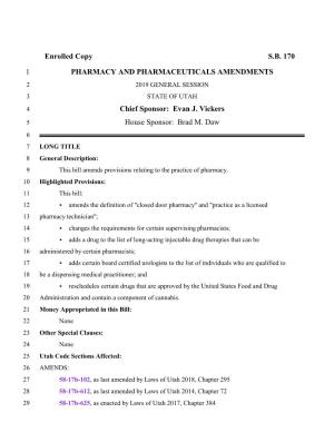 Enrolled Copy SB 170 1 PHARMACY AND