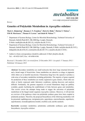 Genetics of Polyketide Metabolism in Aspergillus Nidulans