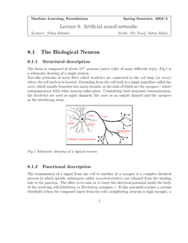 Lecture 8: Artificial Neural Networks 8.1 the Biological Neuron