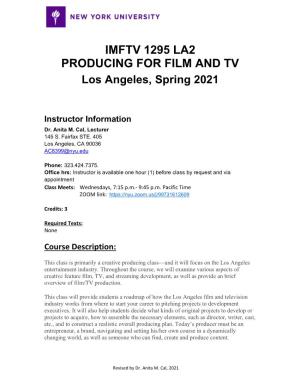 IMFTV 1295 LA2 PRODUCING for FILM and TV Los Angeles, Spring 2021