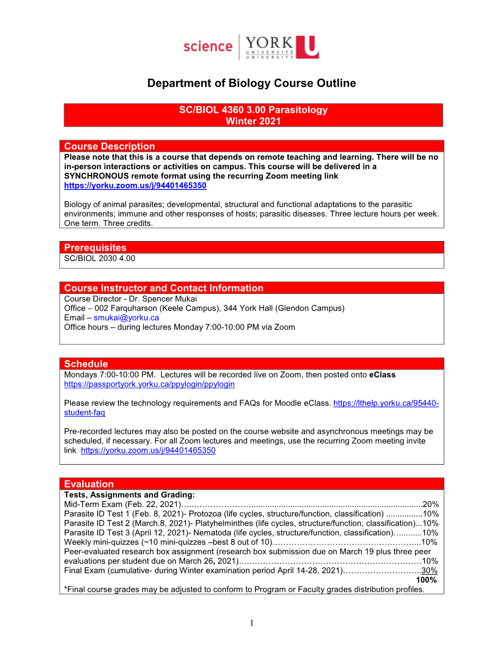 SC/BIOL 4360 3.00 Parasitology Winter 2021 Course Description