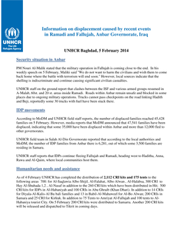 Information on Displacement Caused by Recent Events in Ramadi and Fallujah, Anbar Governorate, Iraq