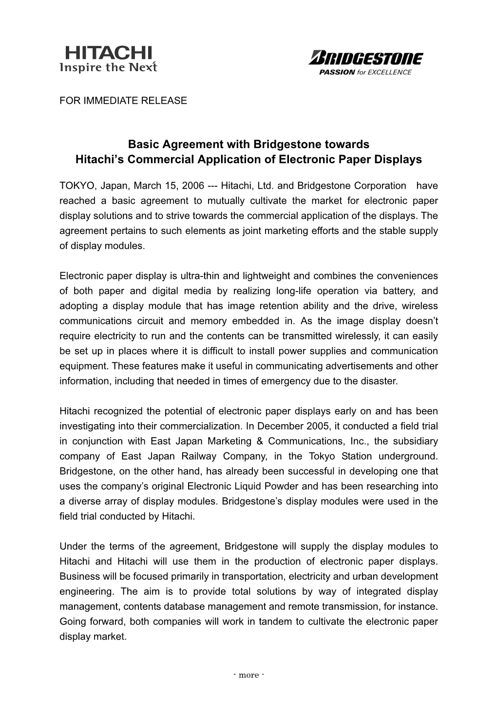 Basic Agreement with Bridgestone Towards Hitachi's Commercial