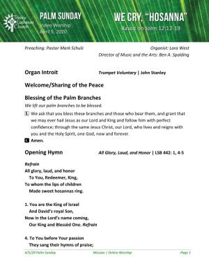 Organ Introit Welcome/Sharing of the Peace Blessing of the Palm