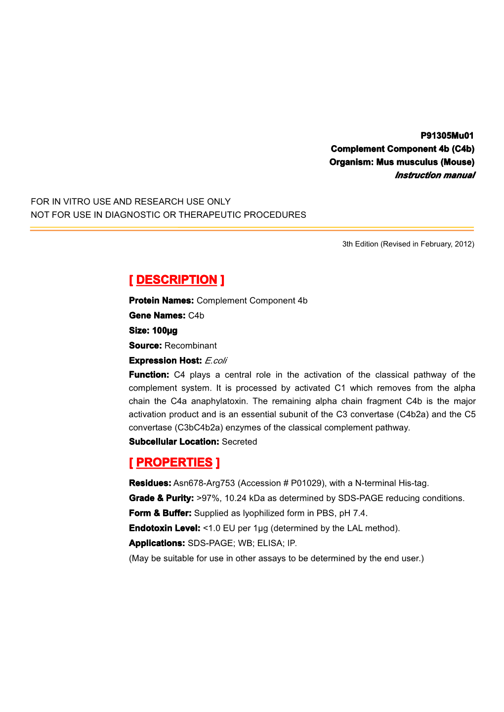 Complement Component 4B (C4b) Organism: Mus Musculus (Mouse) Instruction Manual