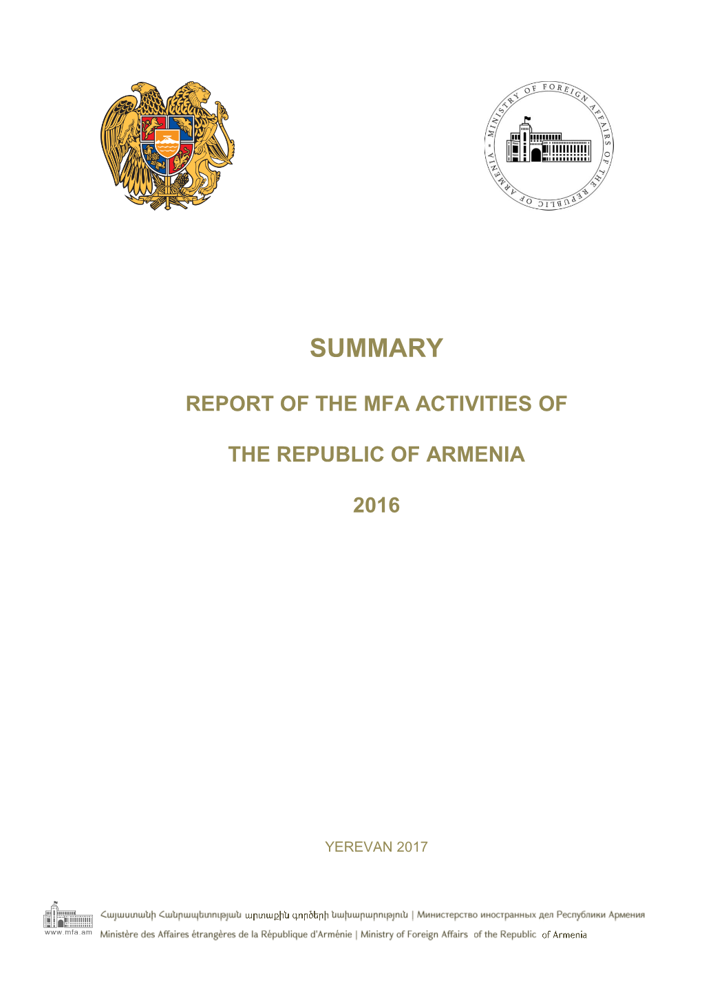 Report of the Mfa Activities of the Republic of Armenia 2016