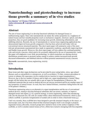Nanotechnology and Picotechnology to Increase Tissue Growth: a Summary of in Vivo Studies
