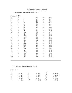 MATHCOUNTS Bible Completed I. Squares and Square Roots: from 1