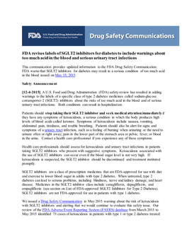 FDA Revises Labels of SGLT2 Inhibitors for Diabetes to Include Warnings About Too Much Acid in the Blood and Serious Urinary Tract Infections