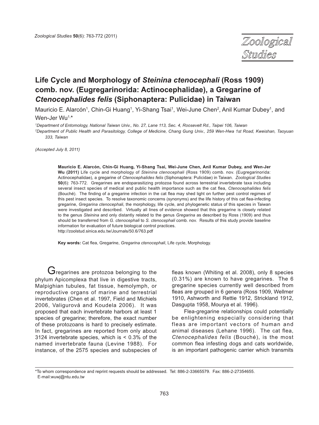 Life Cycle and Morphology of Steinina Ctenocephali (Ross 1909) Comb