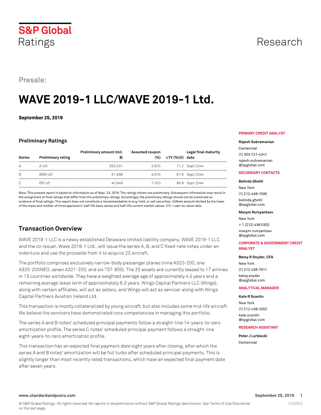 WAVE 2019-1 LLC/WAVE 2019-1 Ltd