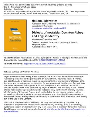Downton Abbey and English Identity Rosalía Baenaa & Christa Bykera a Modern Languages Department, University of Navarra, Pamplona, Spain Published Online: 30 Oct 2014