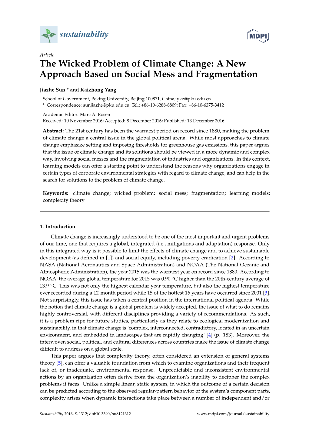 The Wicked Problem of Climate Change: a New Approach Based on Social Mess and Fragmentation