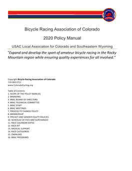 Bicycle Racing Association of Colorado 2020 Policy Manual