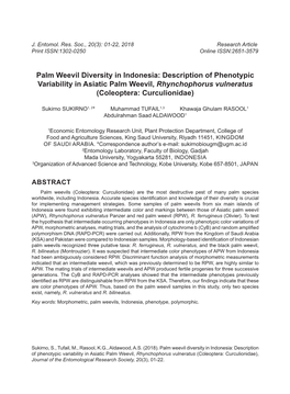 Palm Weevil Diversity in Indonesia: Description of Phenotypic Variability in Asiatic Palm Weevil, Rhynchophorus Vulneratus (Coleoptera: Curculionidae)