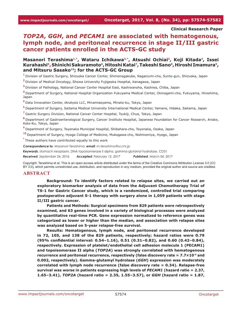 TOP2A, GGH, and PECAM1 Are Associated with Hematogenous, Lymph Node, and Peritoneal Recurrence in Stage II/III Gastric Cancer Patients Enrolled in the ACTS-GC Study