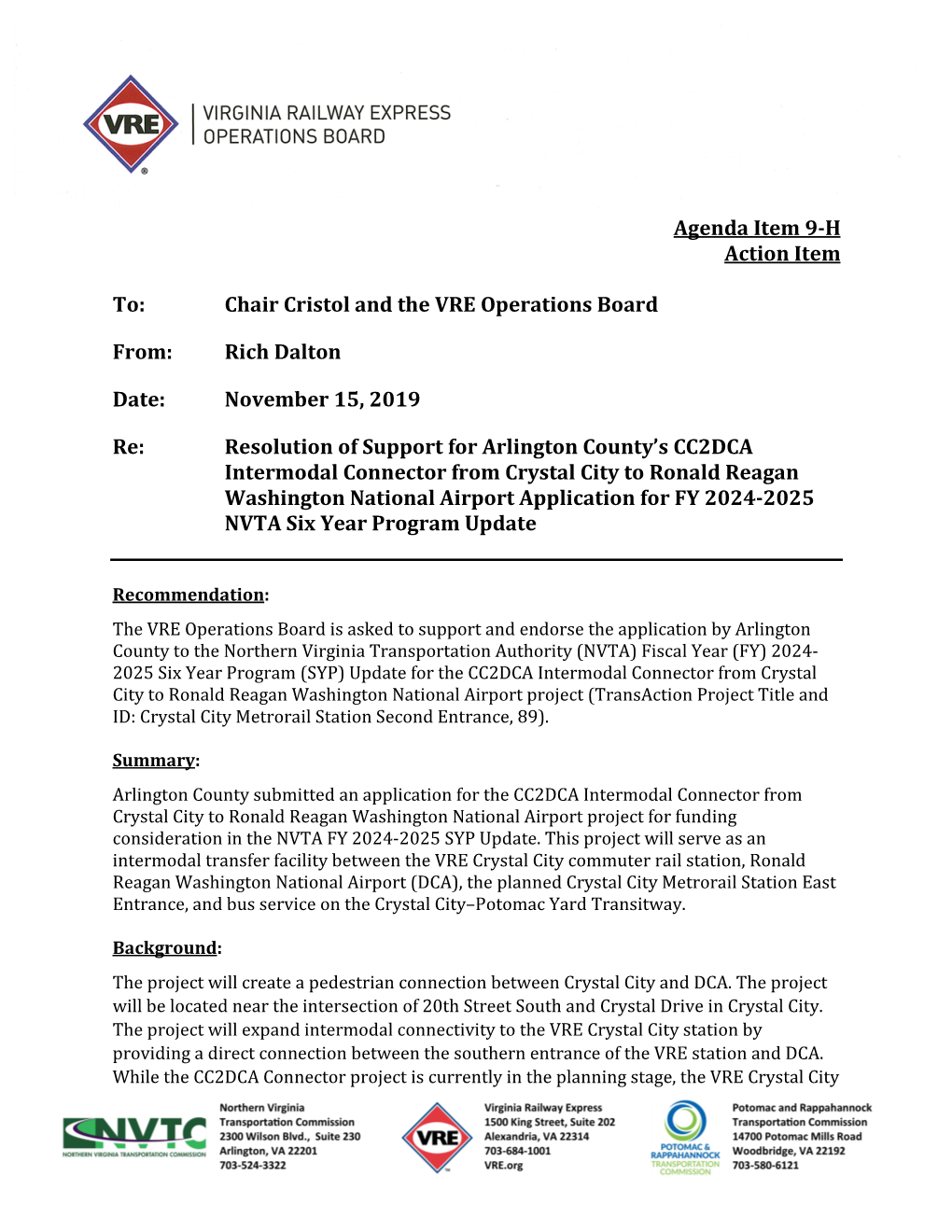 Resolution of Support for Arlington County's CC2DCA Intermodal