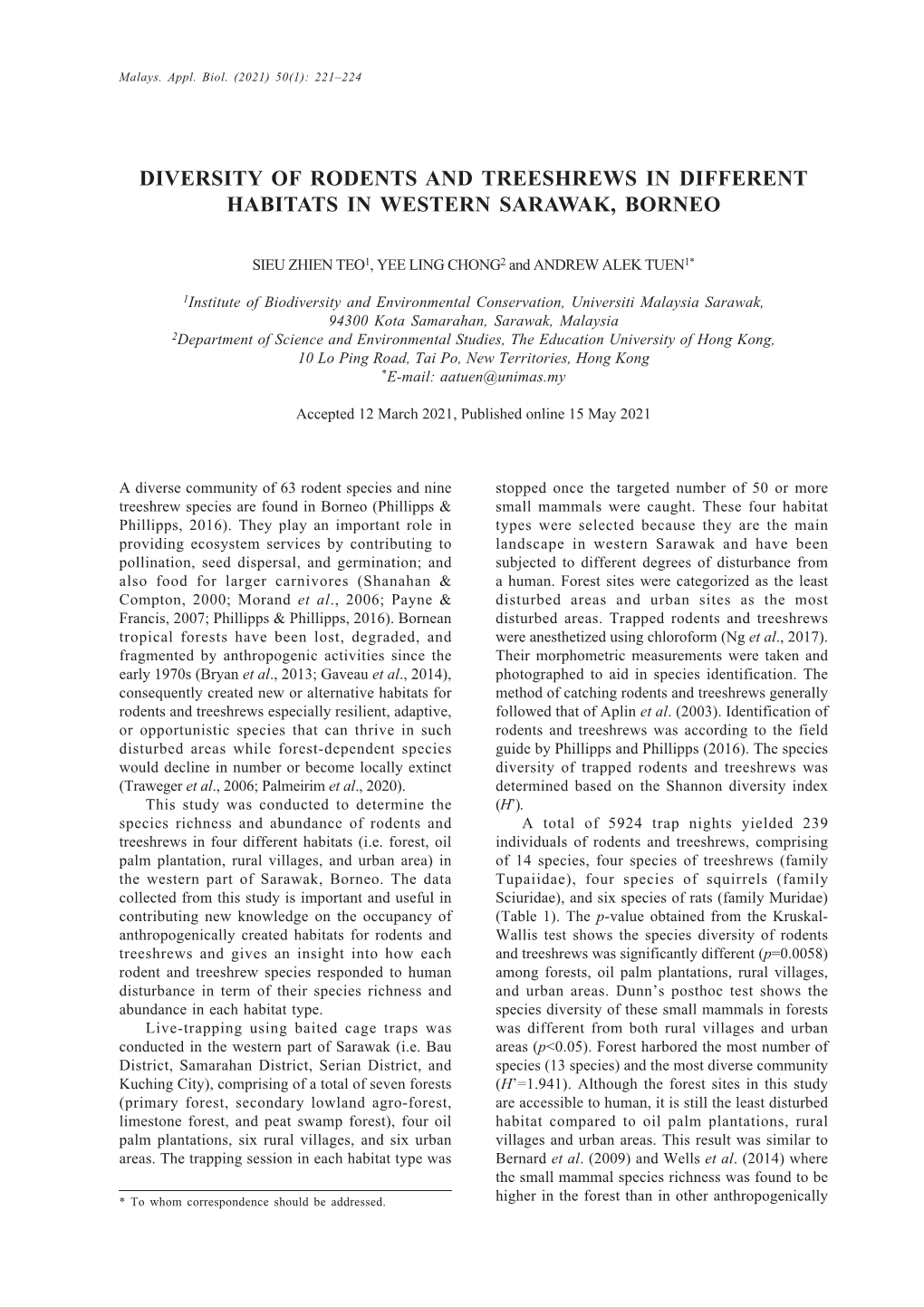 Diversity of Rodents and Treeshrews in Different Habitats in Western Sarawak, Borneo