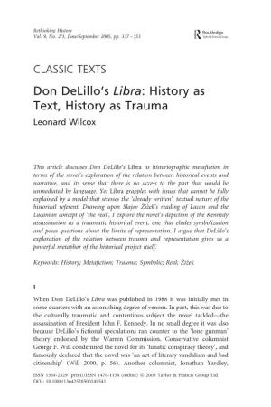 Don Delillo's Libra: History As Text, History As Trauma