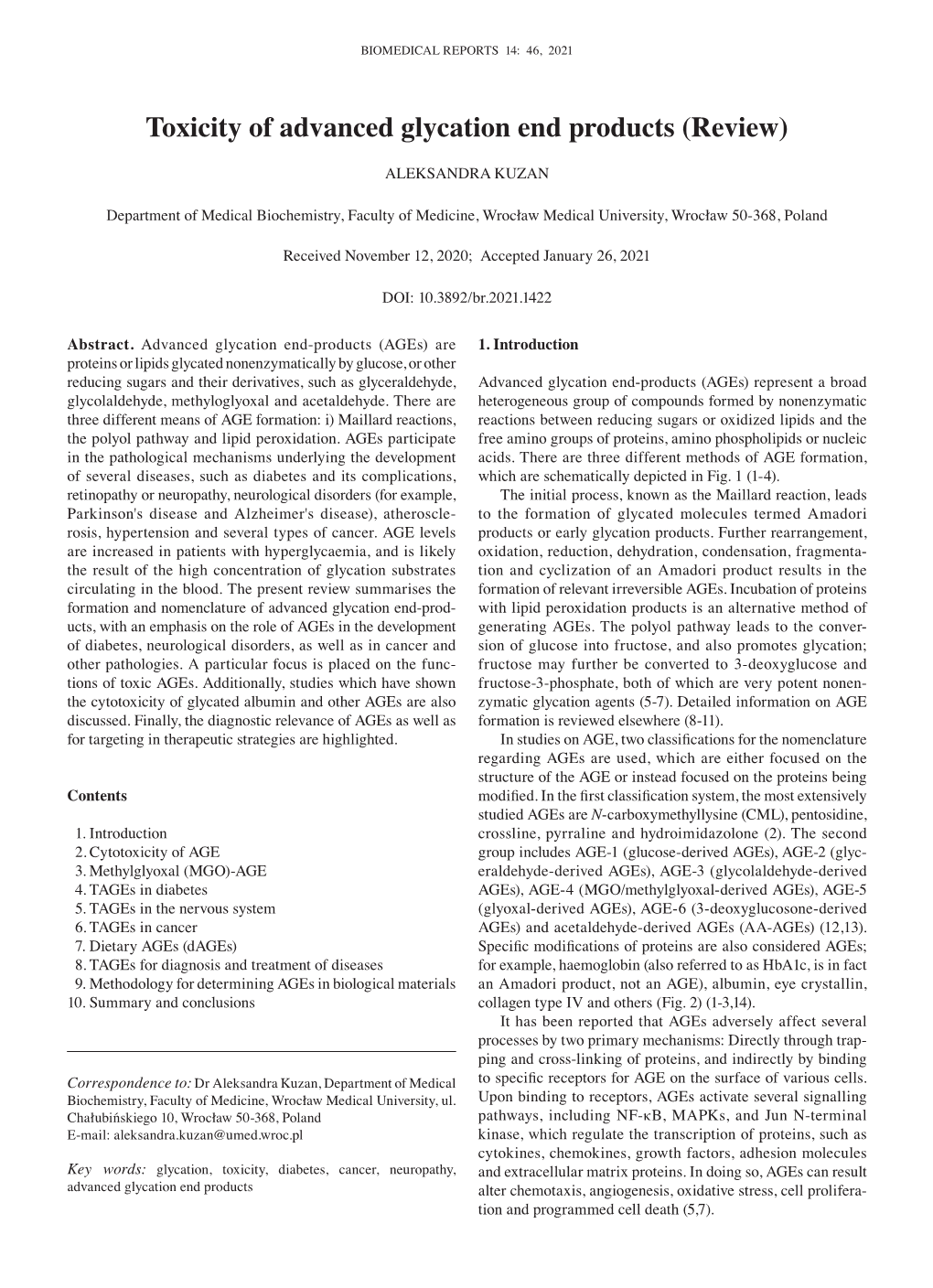 Toxicity of Advanced Glycation End Products (Review)