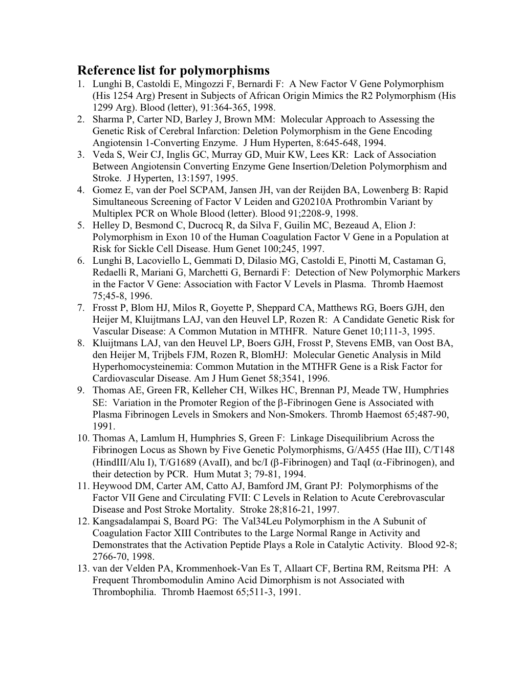 Reference List for Polymorphisms