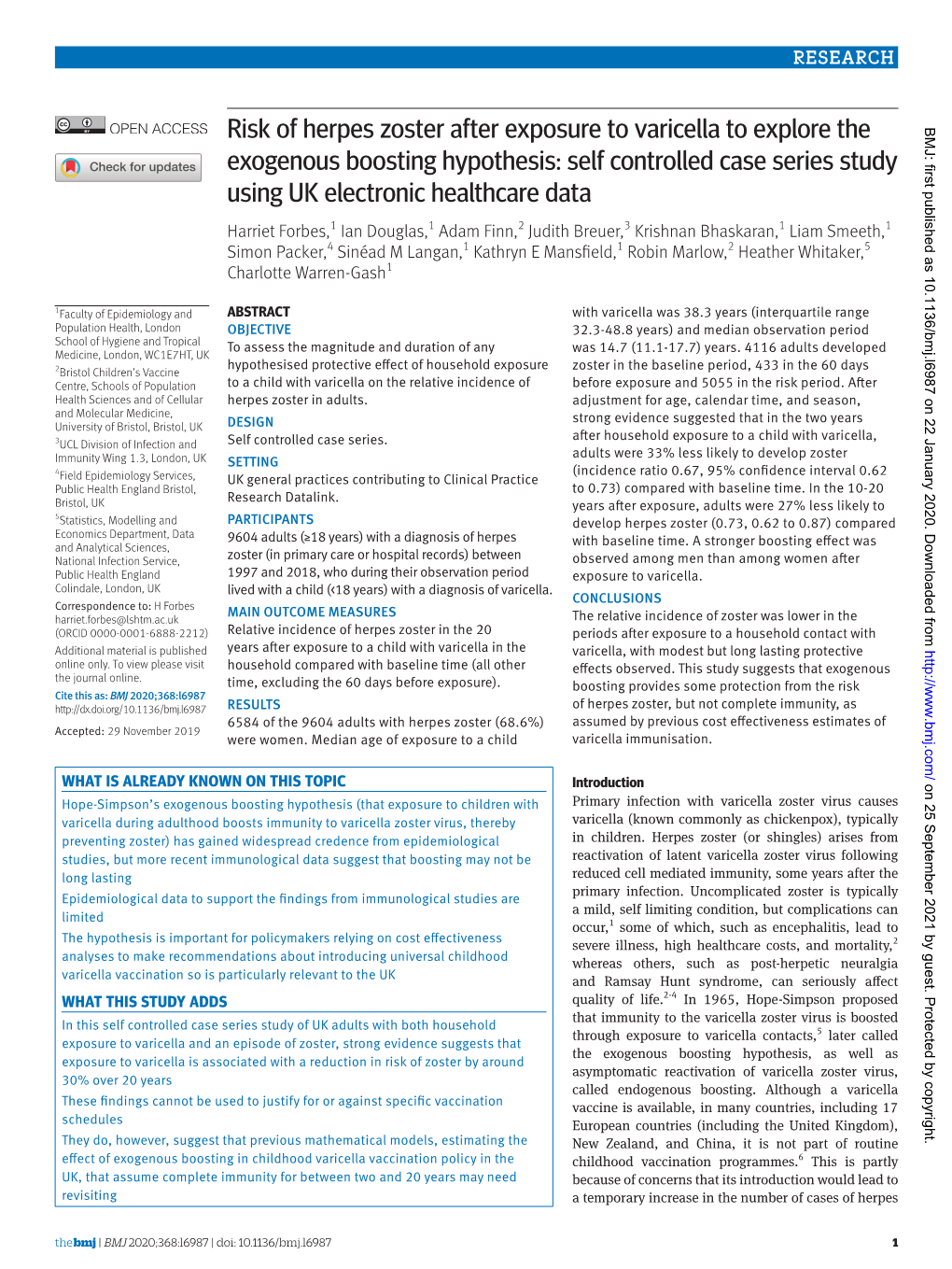 Risk of Herpes Zoster After Exposure to Varicella to Explore the BMJ: First Published As 10.1136/Bmj.L6987 on 22 January 2020