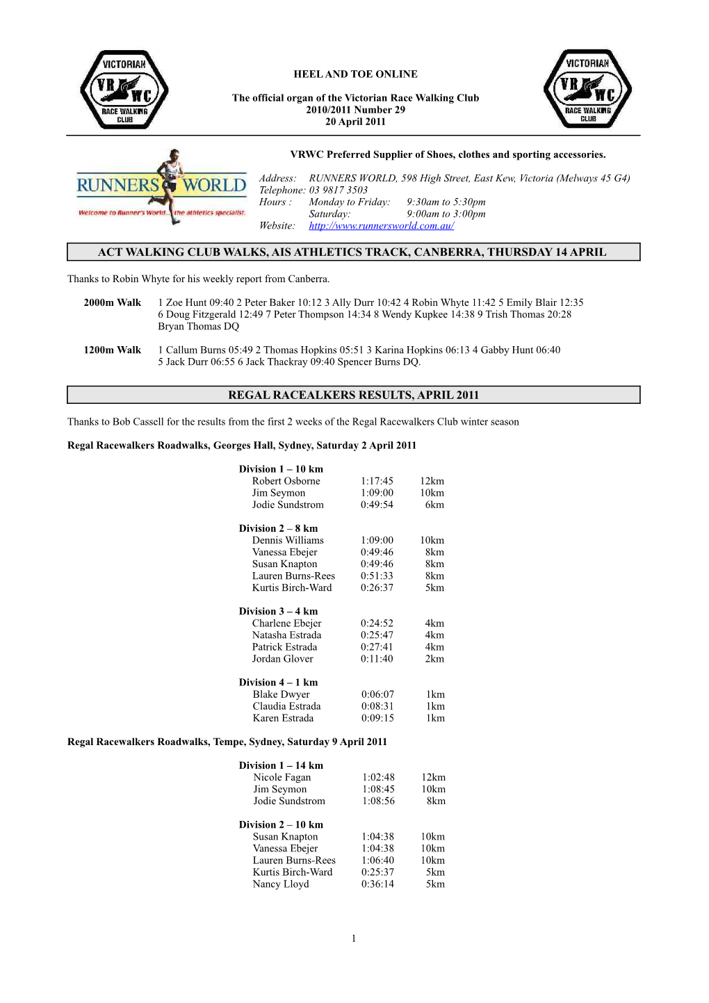 Act Walking Club Walks, Ais Athletics Track, Canberra, Thursday 14 April