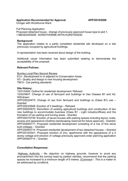 Application Recommended for Approval APP/2016/0506 Cliviger with Worsthorne Ward