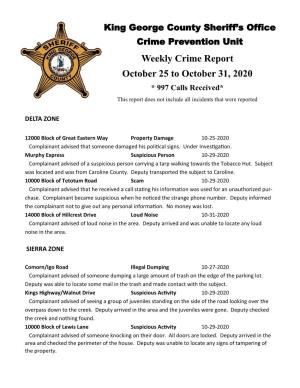Crime Report October 25 to October 31, 2020 * 997 Calls Received* This Report Does Not Include All Incidents That Were Reported